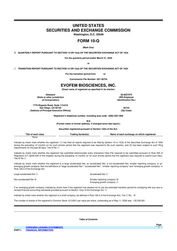 Miniature Evofem Biosciences
 10-Q Rapport trimestriel  