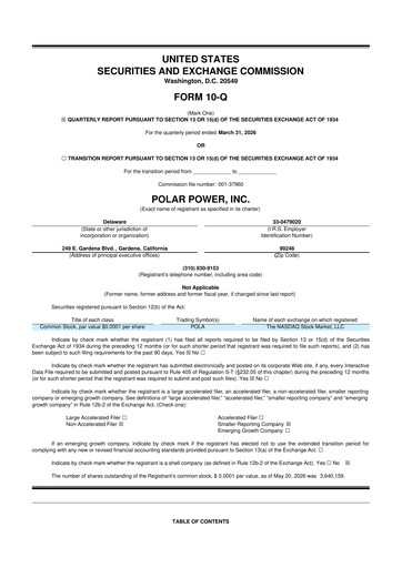 Thumbnail Polar Power
 10-Q Quarterly Report FY 
