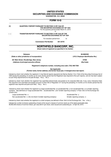 Thumbnail Northfield Bancorp 10-Q Quarterly Report FY2015 