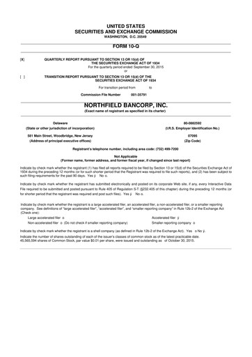 Thumbnail Northfield Bancorp 10-Q Quarterly Report FY2015 