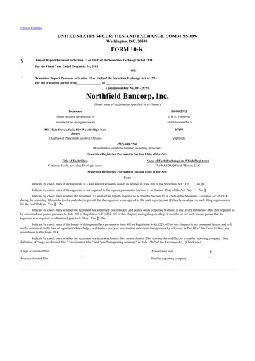Thumbnail Northfield Bancorp 10-K Annual Report 2015