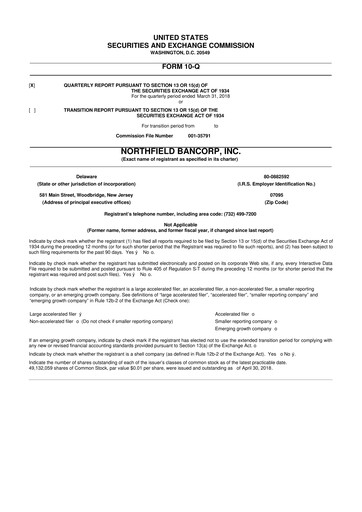 Thumbnail Northfield Bancorp 10-Q Quarterly Report FY2018 