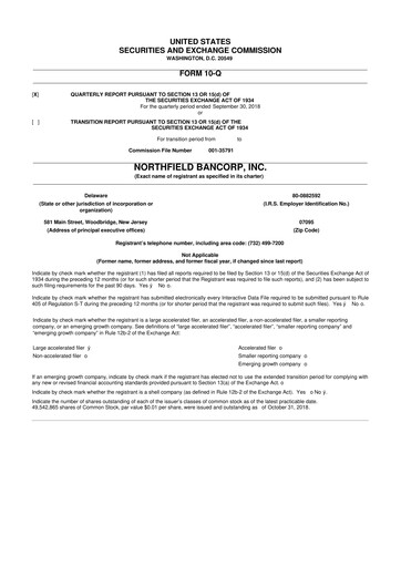 Thumbnail Northfield Bancorp 10-Q Quarterly Report FY2018 