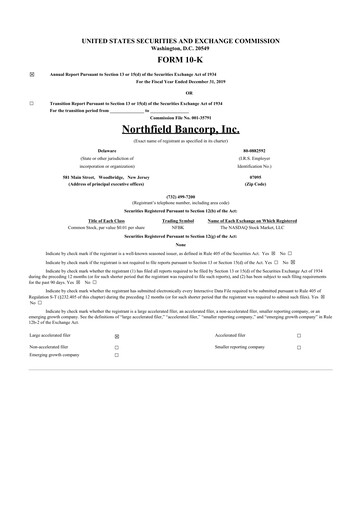 Thumbnail Northfield Bancorp 10-K Annual Report 2019