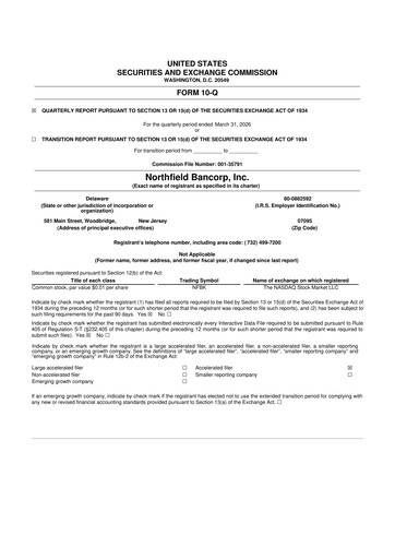Thumbnail Northfield Bancorp 10-Q Quarterly Report FY 