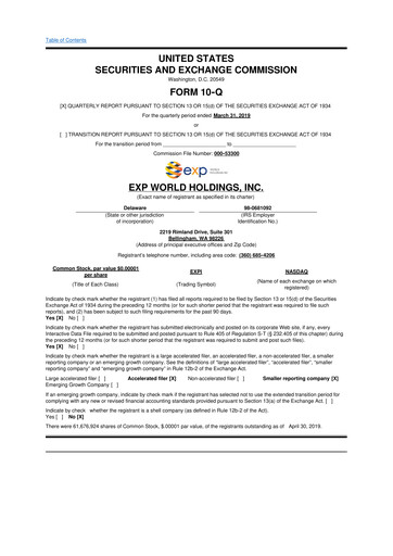 Thumbnail eXp World Holdings
 10-Q Quarterly Report FY2019 