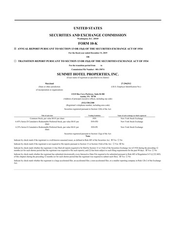 Thumbnail Summit Hotel Properties 10-K Annual Report 2019