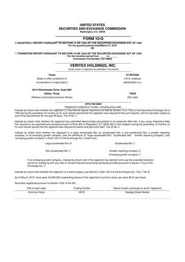 Thumbnail Veritex Holdings
 10-Q Quarterly Report FY2019 