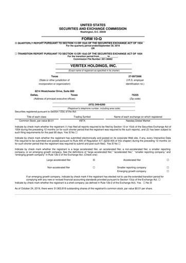 Thumbnail Veritex Holdings
 10-Q Quarterly Report FY2019 