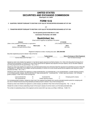 Thumbnail BankUnited
 10-Q Quarterly Report FY 