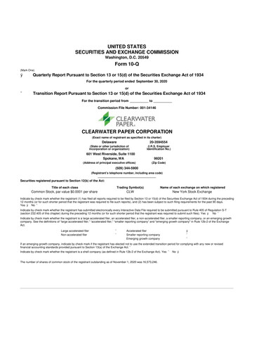 Thumbnail Clearwater Paper 10-Q Quarterly Report FY 