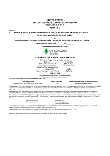 Thumbnail Clearwater Paper 10-Q Quarterly Report FY 