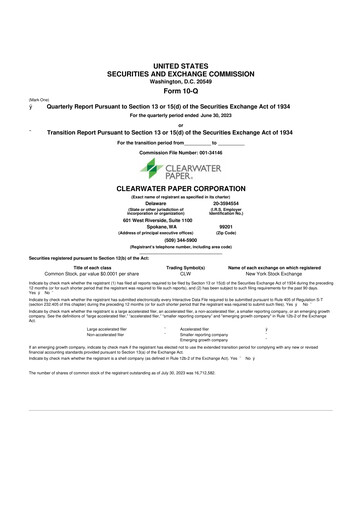 Thumbnail Clearwater Paper 10-Q Quarterly Report FY 