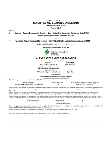 Thumbnail Clearwater Paper 10-Q Quarterly Report FY 