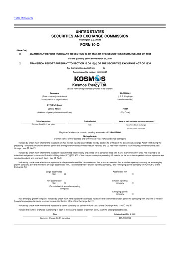 Miniature Kosmos Energy 10-Q Rapport trimestriel 2020 
