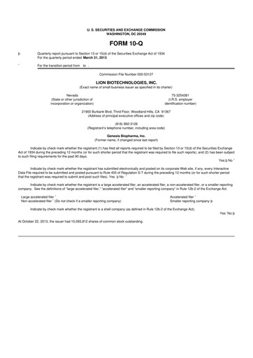 Miniature Iovance Biotherapeutics
 10-Q Rapport trimestriel 2013 