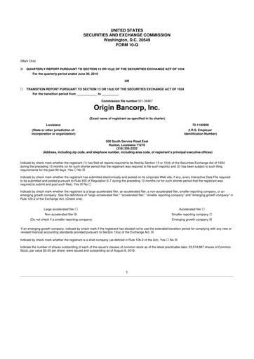 Thumbnail Origin Bancorp 10-Q Quarterly Report FY2018 