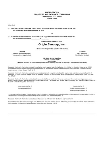 Thumbnail Origin Bancorp 10-Q Quarterly Report FY2018 