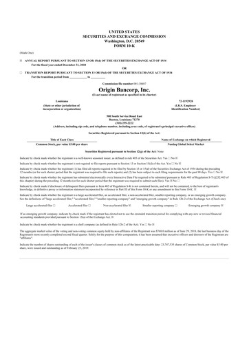 Thumbnail Origin Bancorp 10-K Annual Report 2018