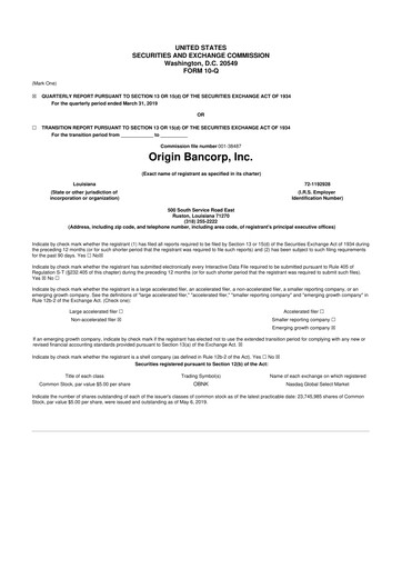 Thumbnail Origin Bancorp 10-Q Quarterly Report FY2019 