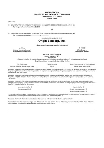 Thumbnail Origin Bancorp 10-Q Quarterly Report FY2019 