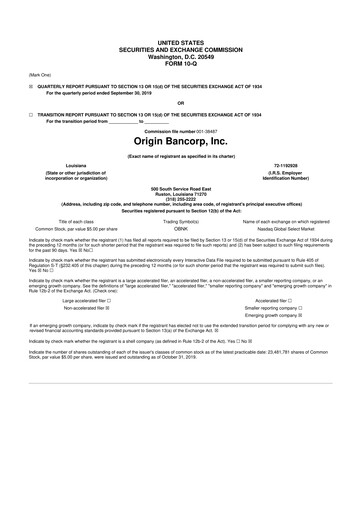 Thumbnail Origin Bancorp 10-Q Quarterly Report FY2019 