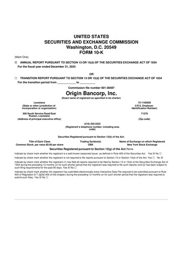 Thumbnail Origin Bancorp 10-K Annual Report 2025