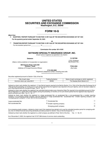 Miniature Skyward Specialty Insurance Group 10-Q Rapport trimestriel 2023 