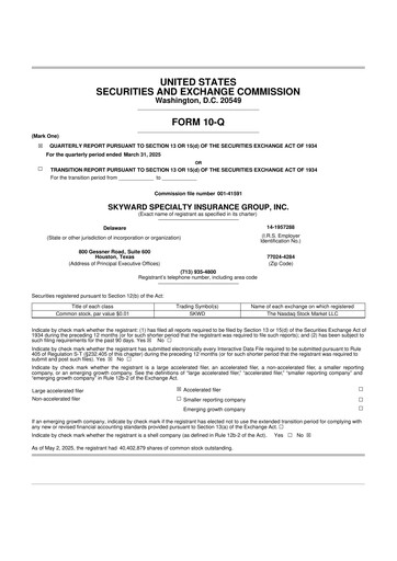 Miniature Skyward Specialty Insurance Group 10-Q Rapport trimestriel 2025 