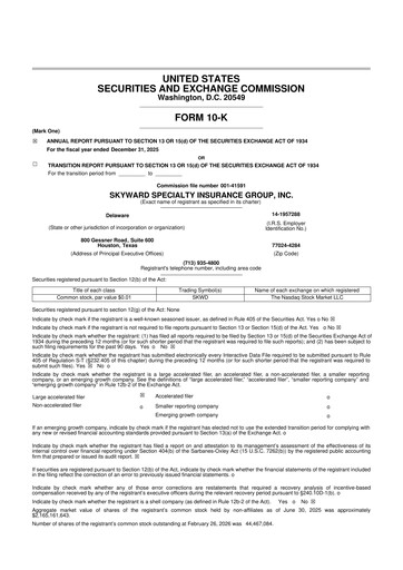 Miniature Skyward Specialty Insurance Group 10-K Rapport annuel 2025