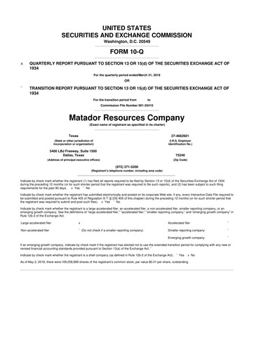 Thumbnail Matador Resources 10-Q Quarterly Report FY2018 