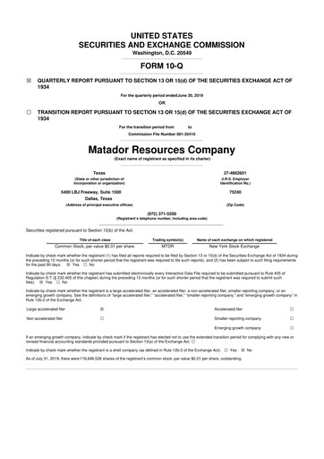 Thumbnail Matador Resources 10-Q Quarterly Report FY2019 