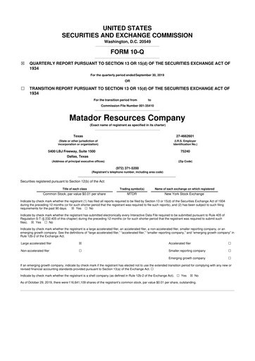 Thumbnail Matador Resources 10-Q Quarterly Report FY2019 