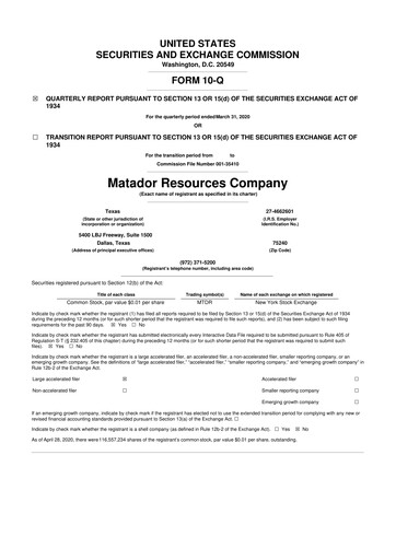 Thumbnail Matador Resources 10-Q Quarterly Report FY2020 