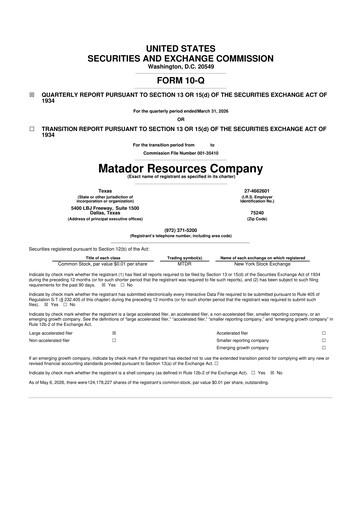 Thumbnail Matador Resources 10-Q Quarterly Report FY 