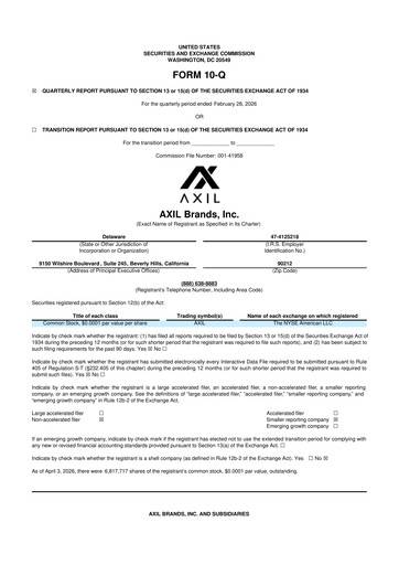 Miniature AXIL Brands 10-Q Rapport trimestriel  
