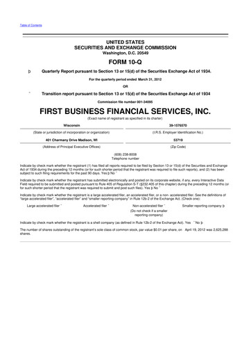 Thumbnail First Business Financial Services 10-Q Quarterly Report FY2012 
