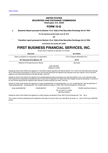 Thumbnail First Business Financial Services 10-Q Quarterly Report FY2012 