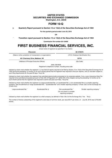 Thumbnail First Business Financial Services 10-Q Quarterly Report FY2016 