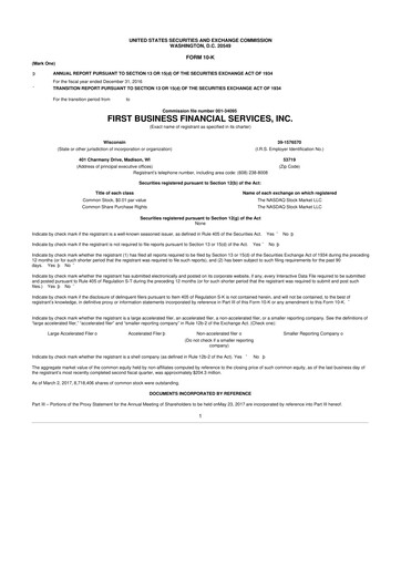 Thumbnail First Business Financial Services 10-K Annual Report 2016