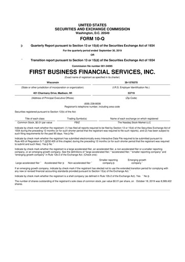 Thumbnail First Business Financial Services 10-Q Quarterly Report FY2019 