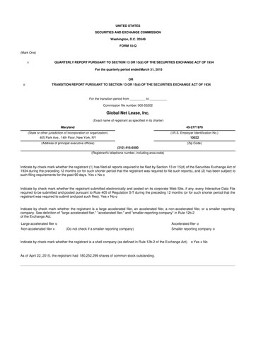 Thumbnail Global Net Lease
 10-Q Quarterly Report FY2015 
