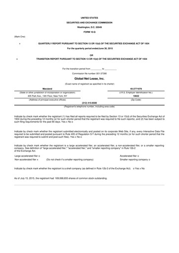 Thumbnail Global Net Lease
 10-Q Quarterly Report FY2015 