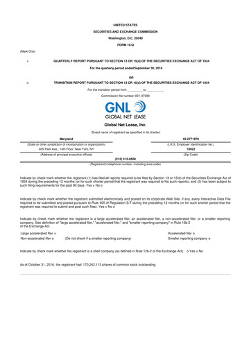 Thumbnail Global Net Lease
 10-Q Quarterly Report FY2016 