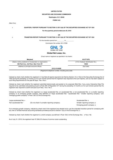 Thumbnail Global Net Lease
 10-Q Quarterly Report FY2018 