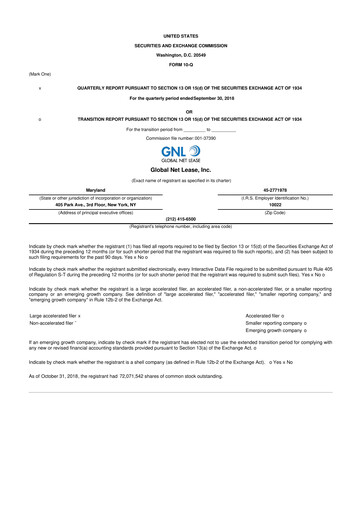 Thumbnail Global Net Lease
 10-Q Quarterly Report FY2018 