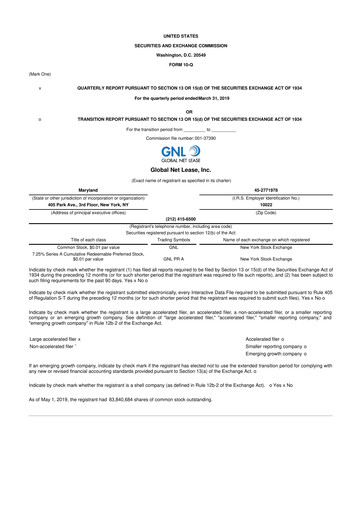 Thumbnail Global Net Lease
 10-Q Quarterly Report FY2019 
