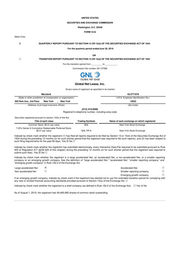 Thumbnail Global Net Lease
 10-Q Quarterly Report FY2019 