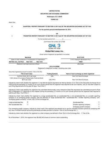 Thumbnail Global Net Lease
 10-Q Quarterly Report FY2019 