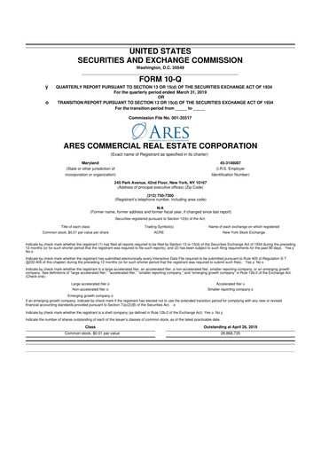 Thumbnail Ares Commercial Real Estate 10-Q Quarterly Report FY2019 